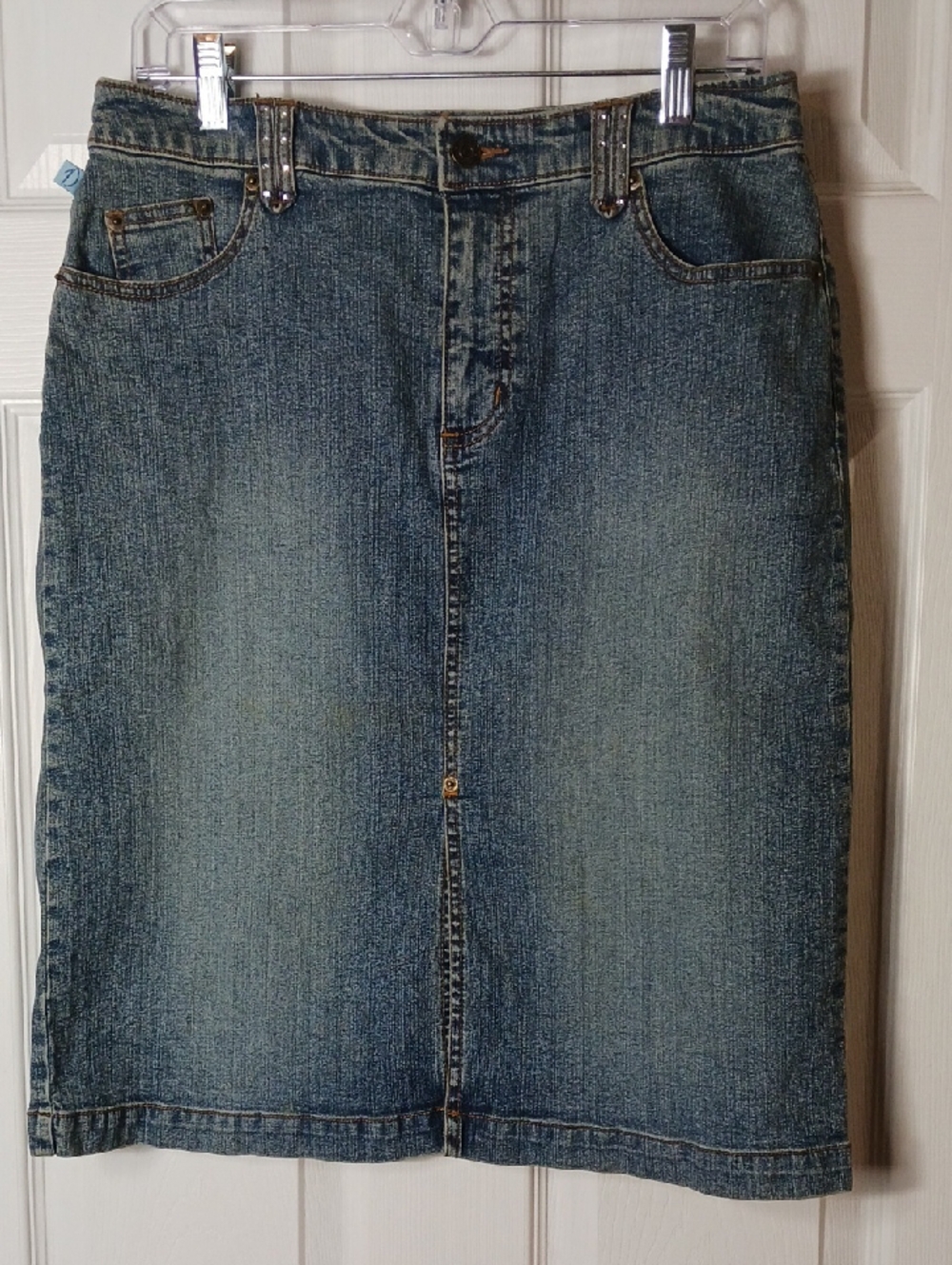 Duplex by Tyte Stretch Denim Jean Skirt Front Slit Faded Rhinestone Midi Size 10